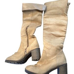 Tan Suede Knee High Stacked Heel Boots Size 7.5